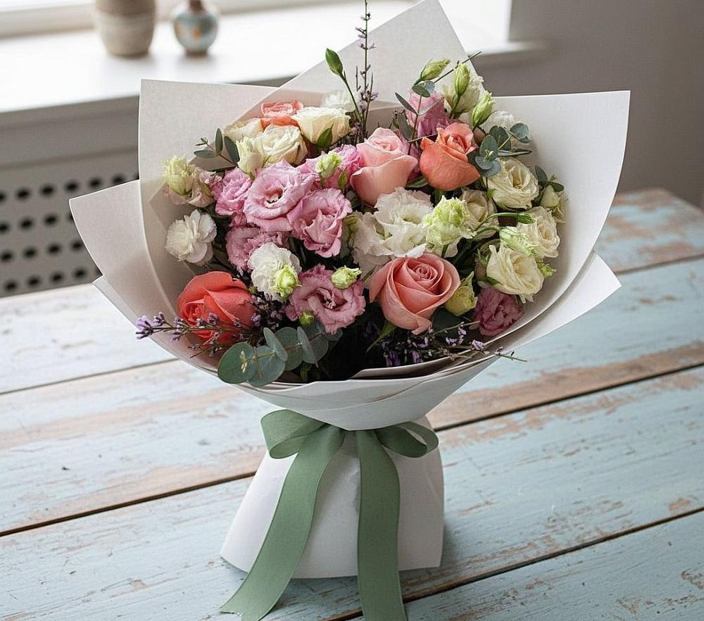 Букет цветов из: Розы, Лизиантусы и Гвоздики в Тирлянский