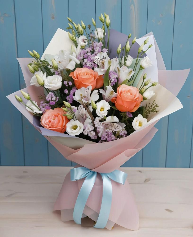 Букет цветов из: Лизиантусы, Розы, Альстромерии и Гипсофила в Тирлянский
