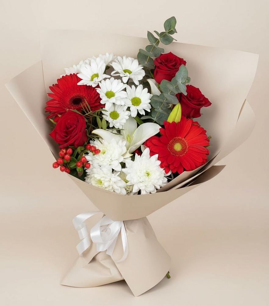 Букет цветов из: Розы, Хризантемы, Герберы и Лилии в Тирлянский