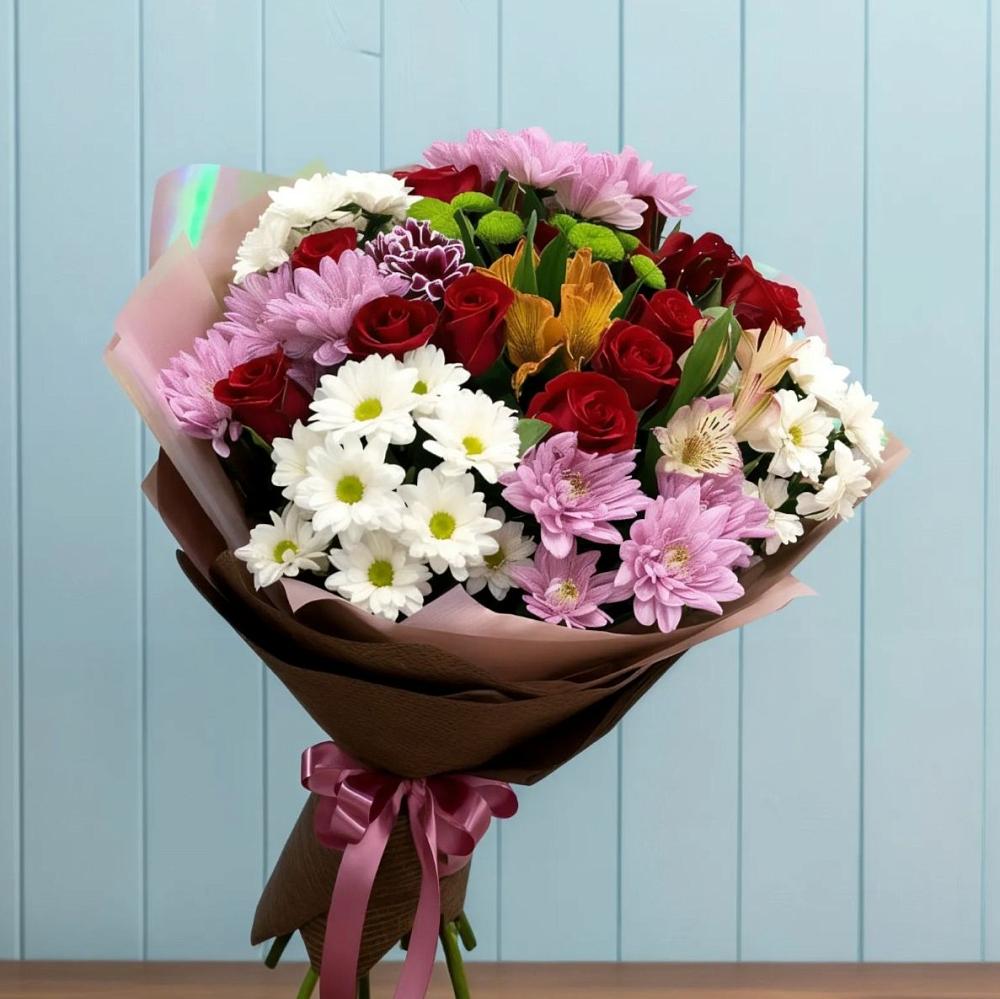 Букет цветов из: Розы, Хризантемы и Альстромерии в Тирлянский