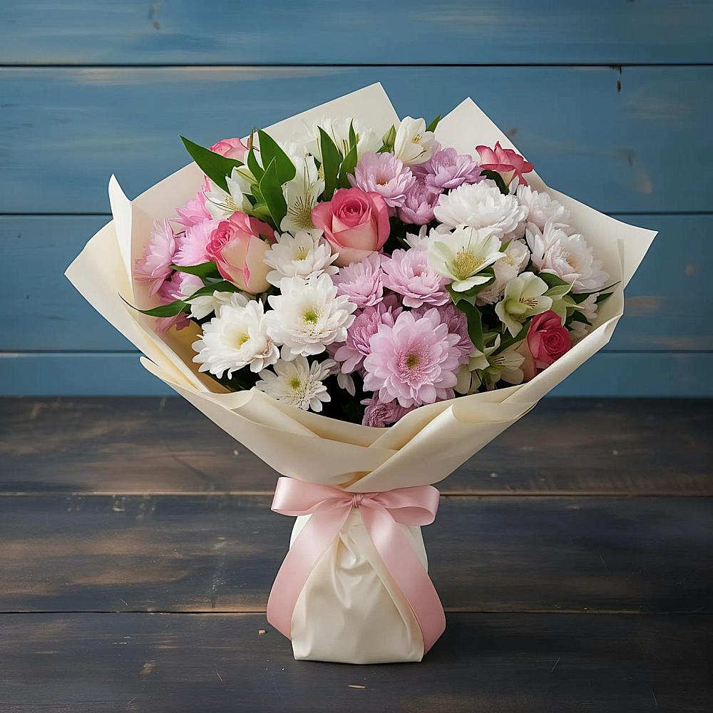 Букет цветов из: Хризантемы, Альстромерии и Розы в Тирлянский